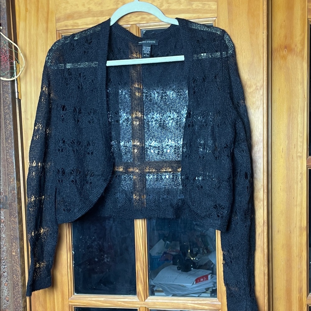 Valerie Stevens 45% Mohair Black Open-Knit Shrug, Size L